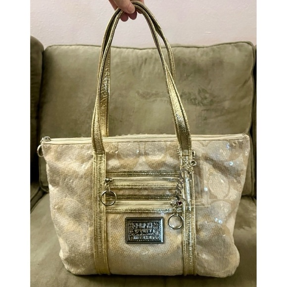 ✨COACH VTG POPPY Special Edition Signature Sequin Tote Bag Gold Cream RARE✨ - Picture 7 of 16